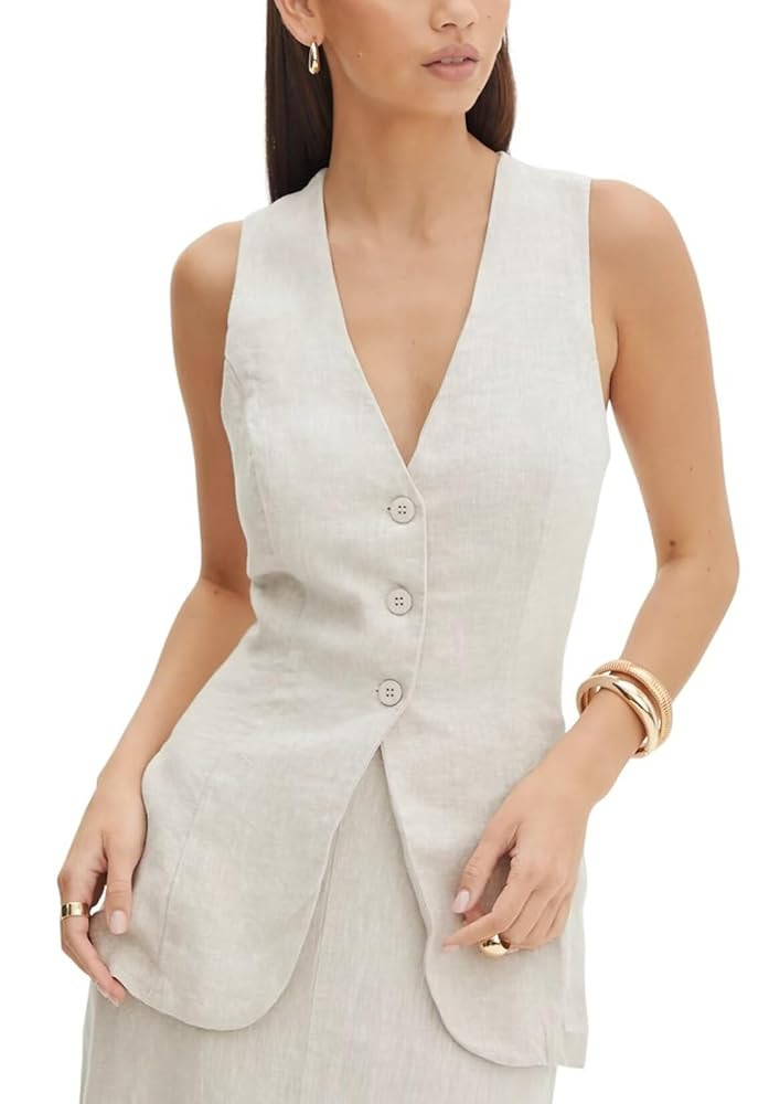 Women's Summer Linen Vest Sleeveless 3 Button V Neck Casual Beach Waistcoat | Amazon (US)