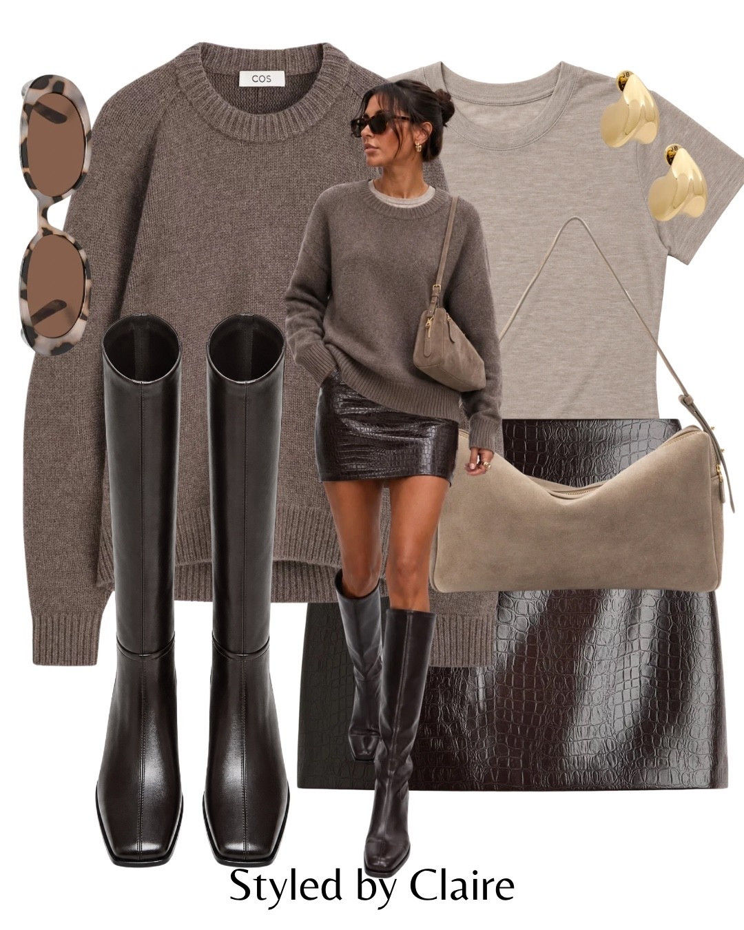 KNEE HIGH BOOT SEASON🙋🏽‍♀️
Tags: Zara dark brown detail boots cos cashmere turtleneck knit taupe croc faux leather skirt sheer tshirt suede shoulder bag Elleme sunglasses earring fashion autumn transitional inspo outfit ideas city break Paris Barcelona cool girl

#LTKautumn #LTKstyletip #LTKshoes