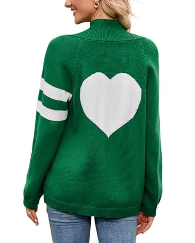 Women's Heart Cardigan Long Sleeve Open Front Button Down Chunky Knit Varsity Sweater Green | Amazon (US)