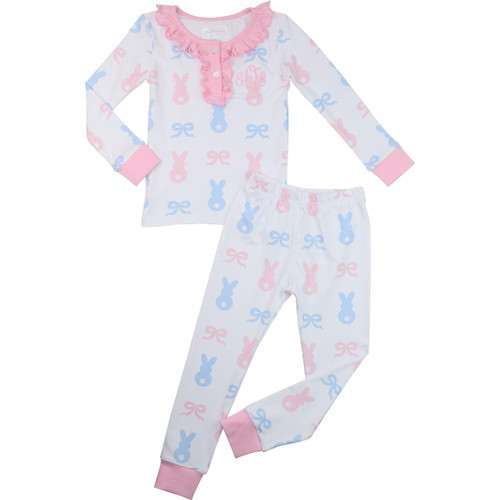 Pink And Blue Bunny And Bow Knit Pajamas | Cecil and Lou