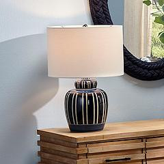 Jamie Young Arthur Ceramic Table Lamp with Linen Shade, Navy Blue | Lamps Plus