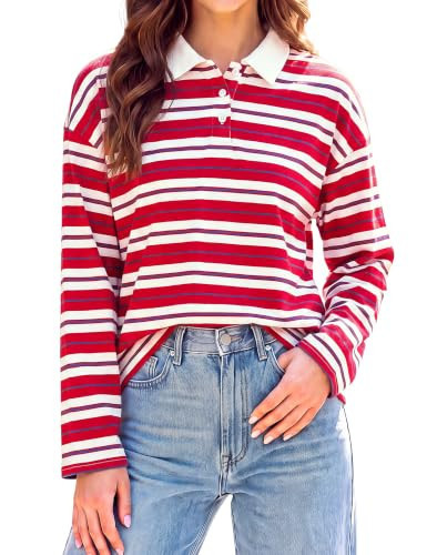 Blooming Jelly Women Cotton Rugby Shirts Striped Polo Tshirt Loose Y2K Tops | Amazon (US)