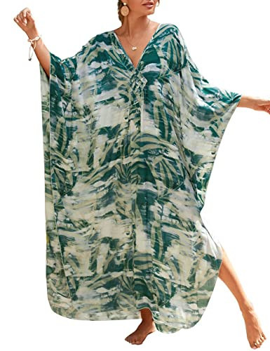 Bsubseach Kaftan Dresses for Women V Neck Plus Size Caftans Swimwear Coverups Long Caftan Beach Dress 2025 Summer Loungewear Army Leaves | Amazon (US)