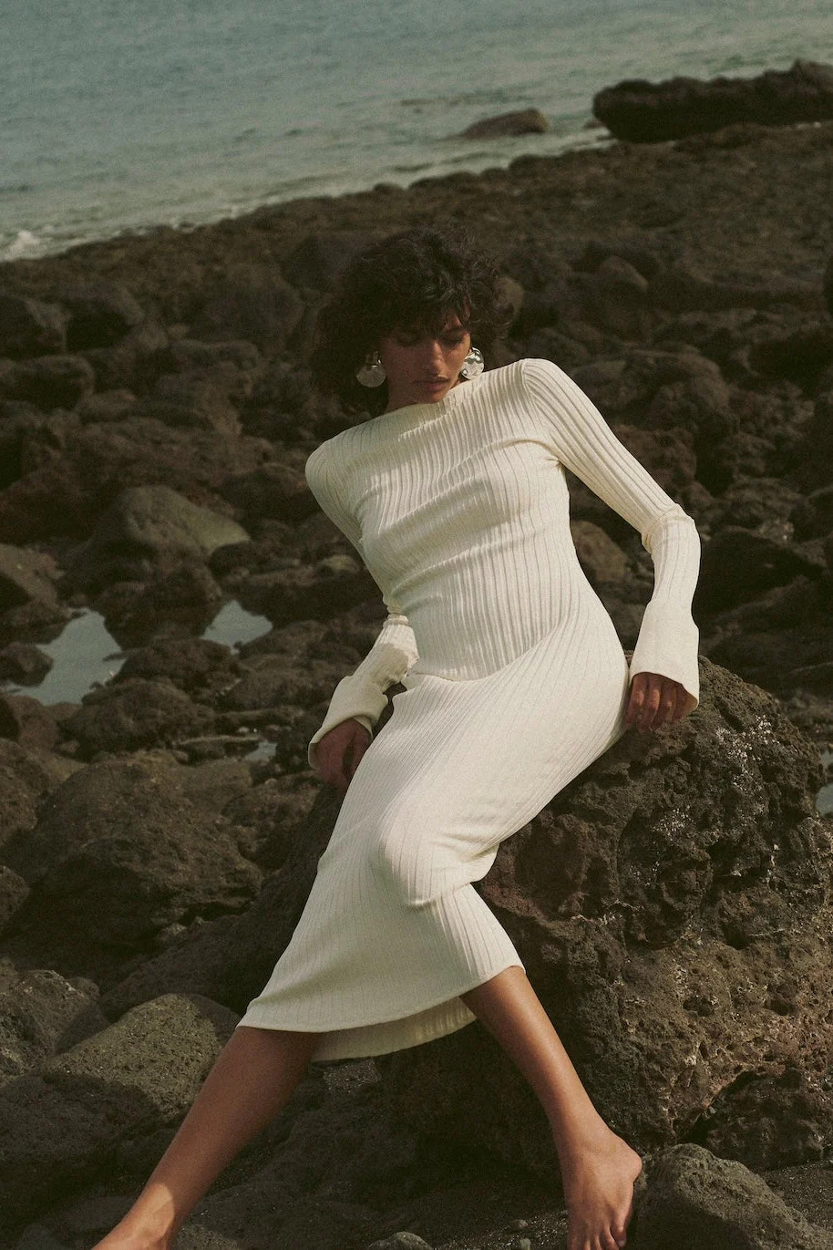 Cuffed Ribbed Knit Dress (Cream) | SAME