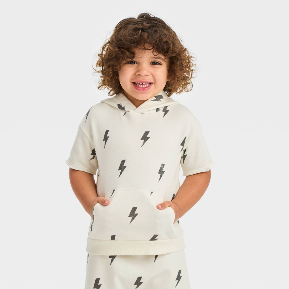 Grayson Mini Toddler Boys' Short Sleeve French Terry Lightning Bolt Hoodie - Off-White 12M | Target
