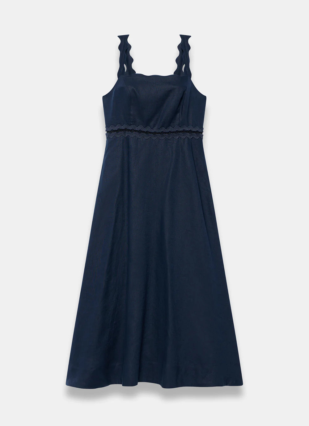 Navy Linen Scallop Trim Midi Dress | Mint Velvet