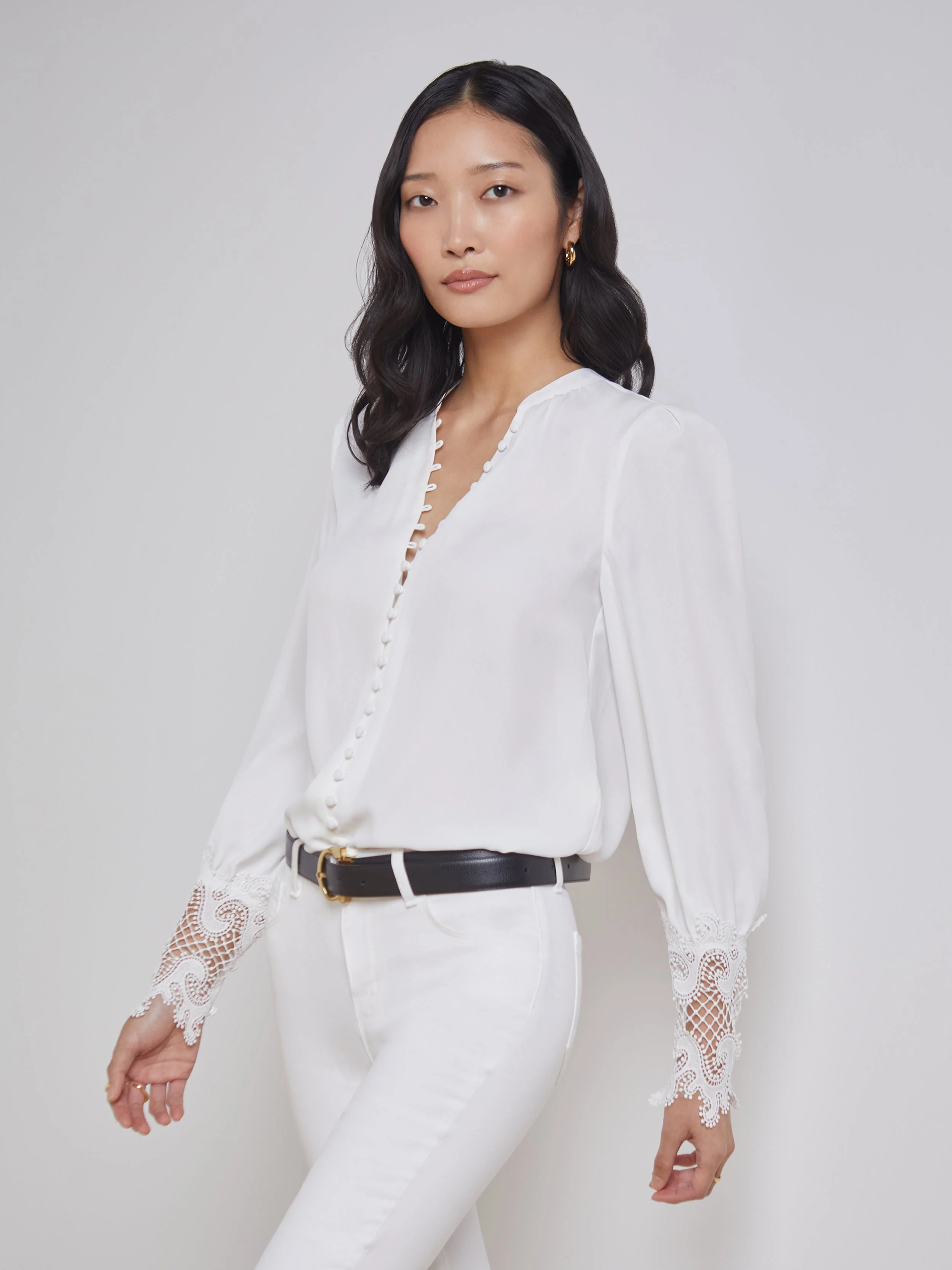 Ava Lace Cuff Blouse in Ivory | L'AGENCE | L'Agence