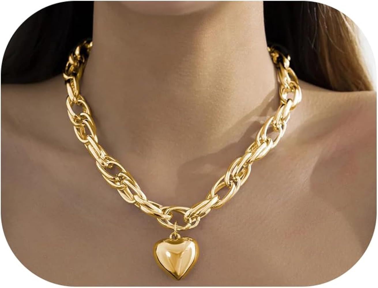Simple Metal Link Chain Necklace Big Heart Pendant Clavicle Necklace Statement Chunky Heavy Chain... | Amazon (US)