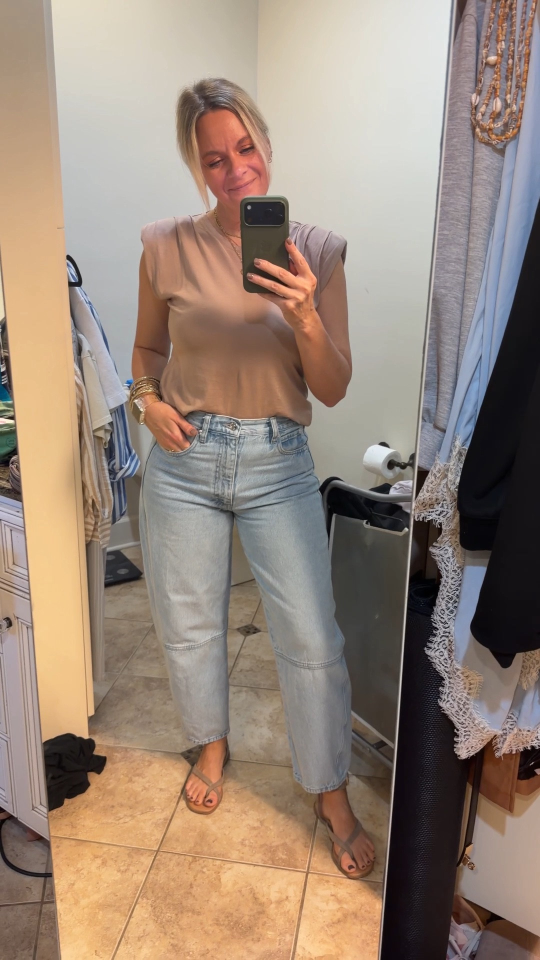 This one is for everyone who asked about the top and the jeans from our recent styling session! 🙋‍♀️ Camel shoulder pad tee + light wash barrel jeans + neutral flat sandals. Easy, comfortable, and one of those combinations that just works.

Quick note — the top is older and no longer available but I’ve linked the closest versions I could find. The jeans are still available in a few sizes with similar options linked as well. Everything shoppable below! 👇

#LTKgrwm #LTKootd #LTKOver40
