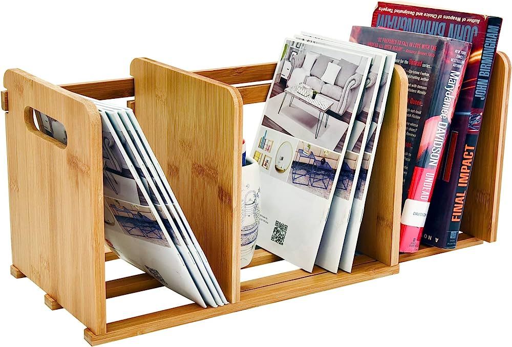 WELLAND Bamboo Desktop Bookshelf Small Book Rack Adjustable Desk Storage Organizer | Amazon (US)