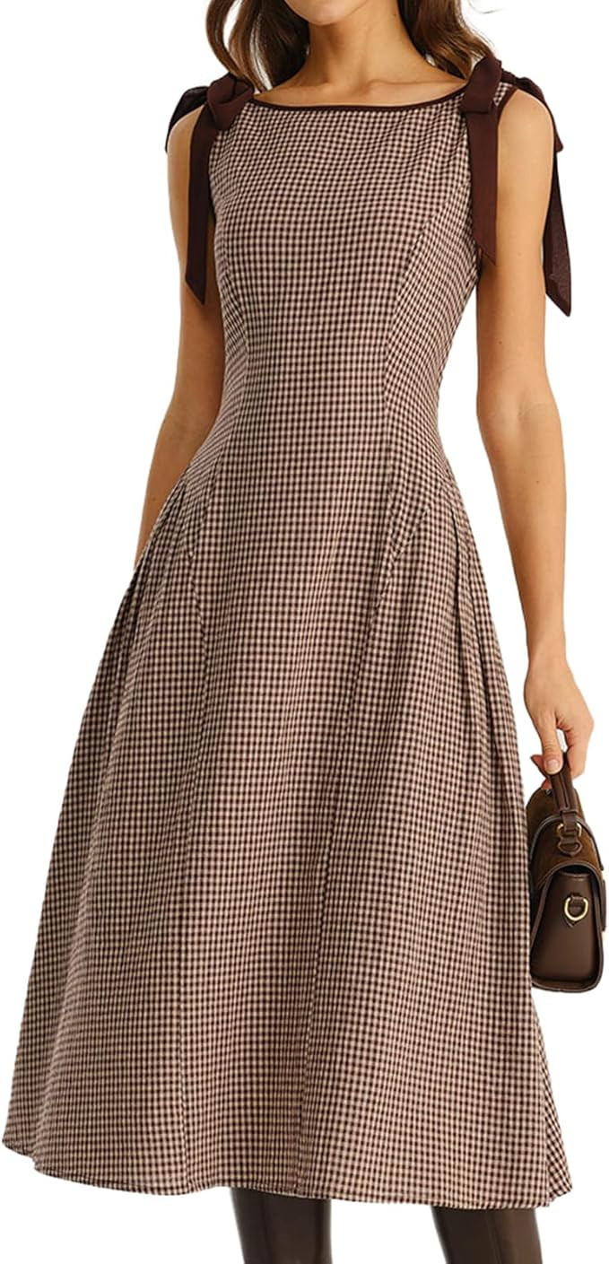 RIHOAS Women's Plaid Dress - Casual Vintage A-Line Boat Neck Sleeveless Midi Dress for Women 2026 | Amazon (US)