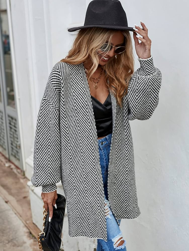 ANBID Women's Chevron Pattern Drop Shoulder Duster Cardigan (Color : Black and White, Size : Medi... | Amazon (US)