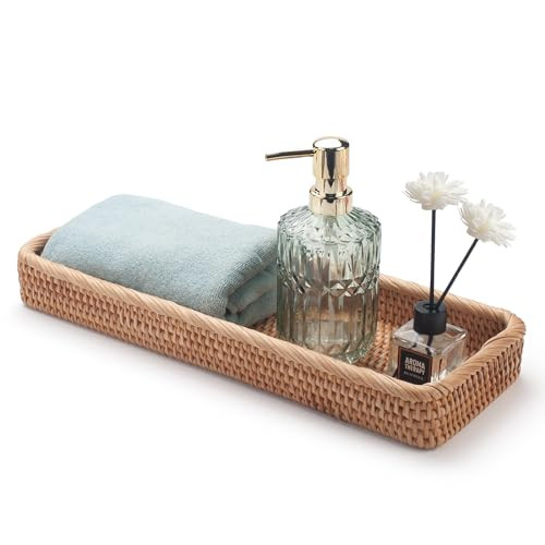 Rattan Bathroom Vanity Trays Toilet Tank Baskets Long Narrow Hand Towel Storage Basket for Storage, Decorative (Natural 16.3 x 6.1 x 2 inch) | Amazon (US)