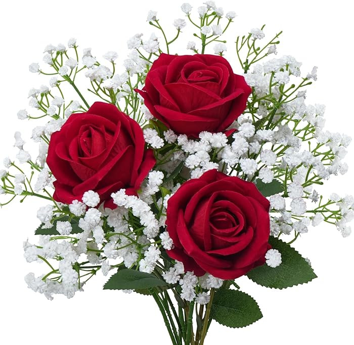 Fake Flowers Artificial Flowers Decorative Bouquet with Faux Baby's Breath, Velvet Roses Small Fl... | Amazon (US)