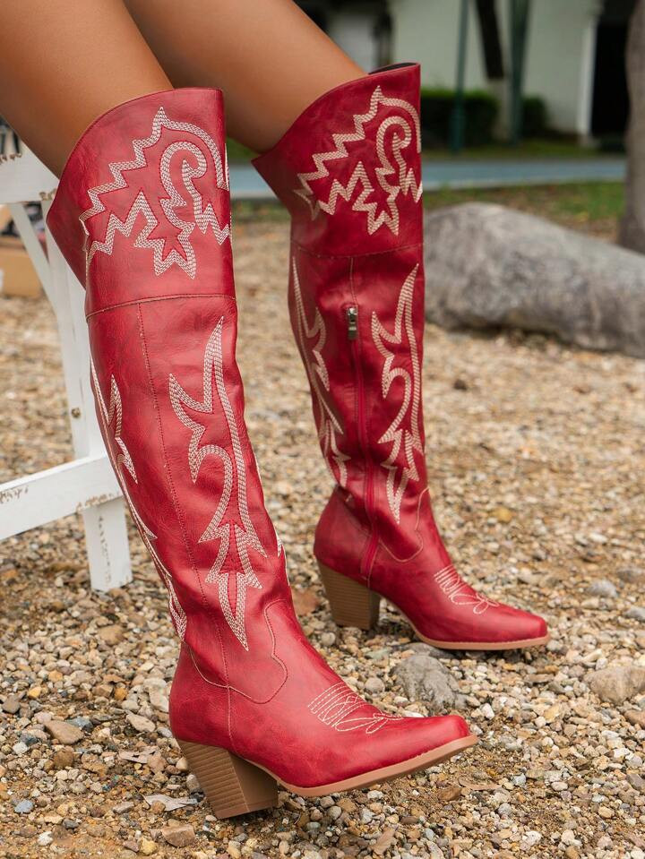 Fashionable Embroidered Western Style Boots With Chunky Heels And Square Toe | SHEIN