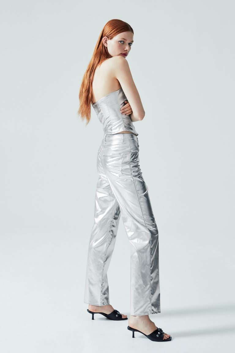 90s Straight Coated Trousers - Silver-coloured - Ladies | H&M GB | H&M (UK, MY, IN, SG, PH, TW, HK)