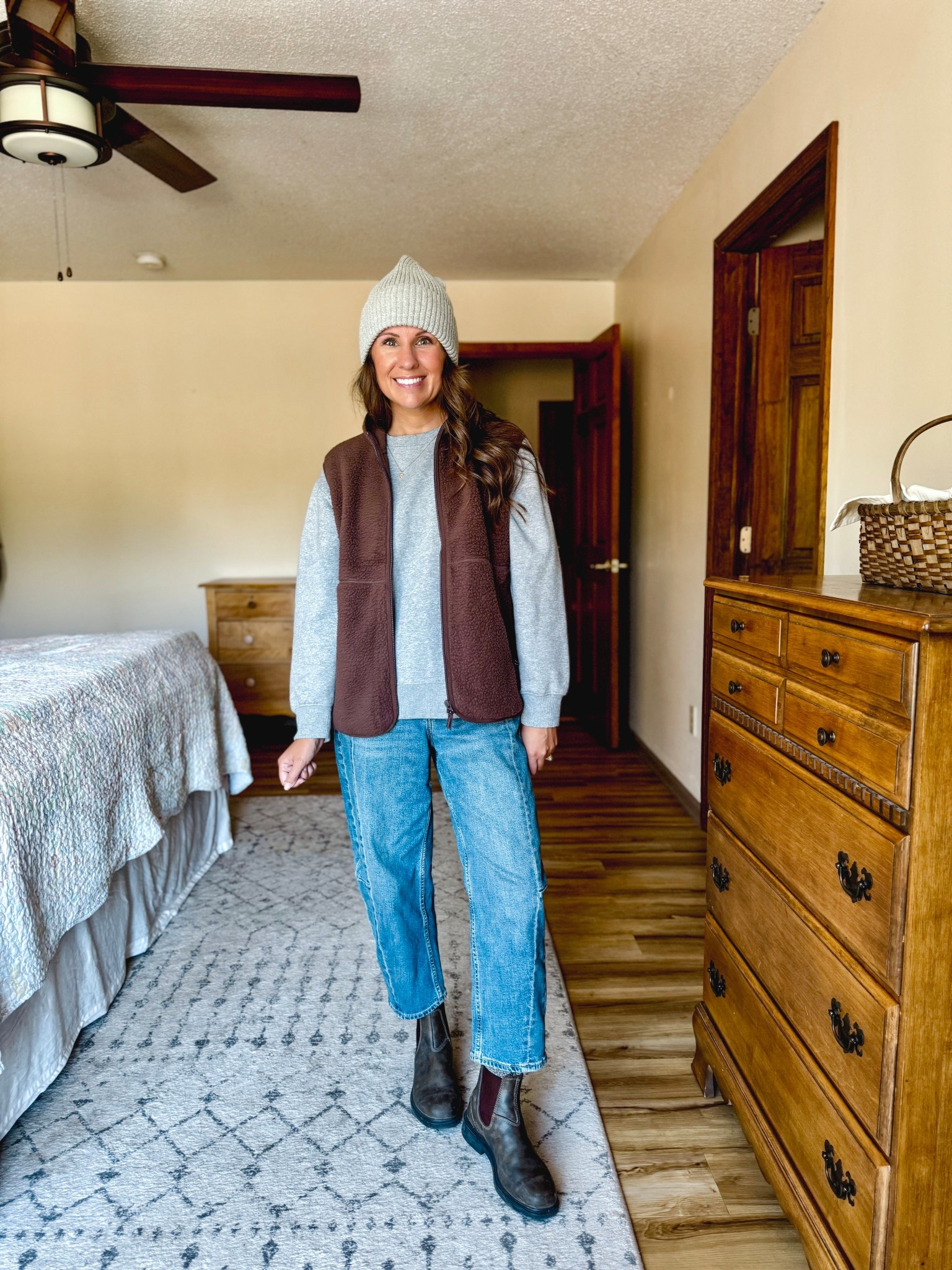 Wearing small in my grey crewneck (so soft and fleece lined!), xs in my brown sherpa vest, and 0 petite in my barrel jeans. My blundstone boots fit true to size and are size 6 in rustic brown (I use mink oil to treat them, so they’re darker).

My hat is from last year so I also linked similar (hoping they’ll bring it back this year because it’s my favorite and I own it in 3 colors!)



#LTKShoeCrush 

#LTKSeasonal #LTKPetite