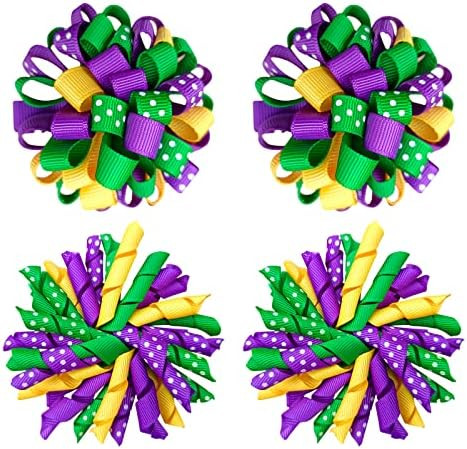 Mardi Gras Korker Hair Bows 3'' Girls Curly Corker Bow Alligator Clips Purple Yellow Green Grosgr... | Amazon (US)