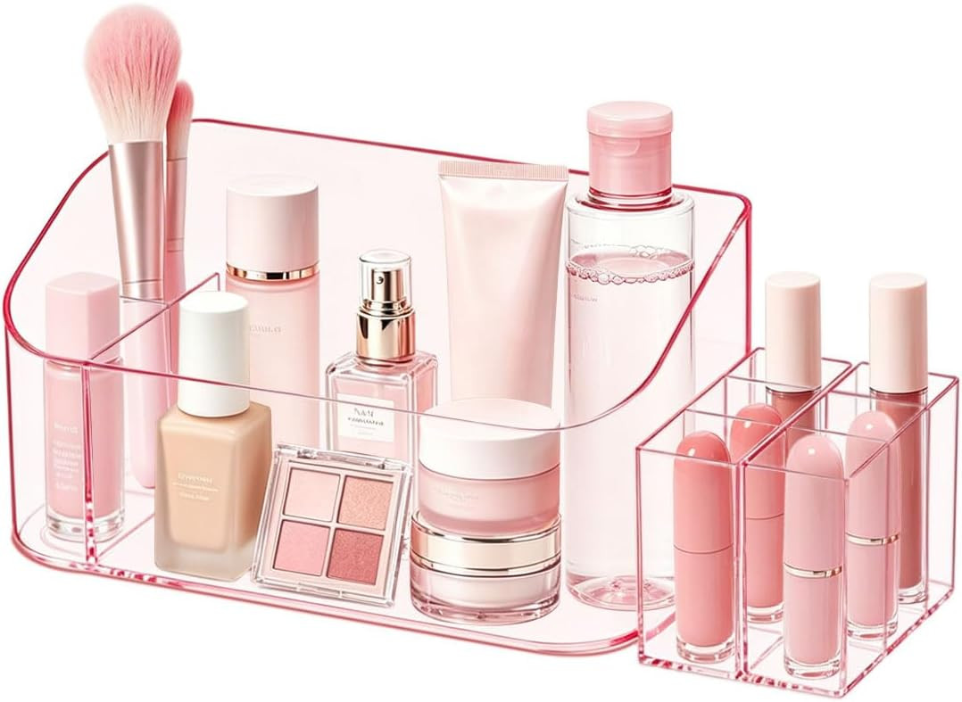 Makeup Tray Holder Organizer Cosmetic Display Case Tabletop Desktop Vanity Countertop Bathroom Wall Cabinet Medicine Storage Box 9 Dividers 2 Removable Women Ladies Girls Gifts Crystal Pink 1 PACK | Amazon (US)