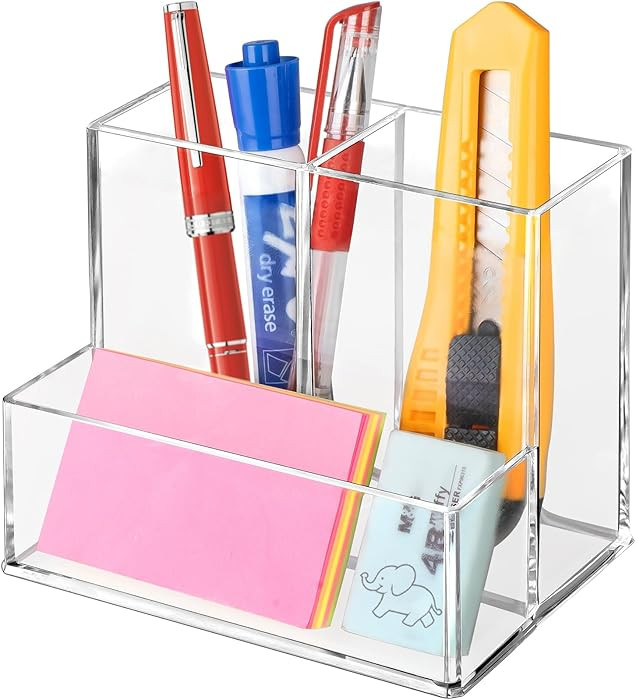 Pen Holder for Desk, Clear Acrylic Pencil Holder for Desk, Marker Holder with 3 Compartments, Pen... | Amazon (US)