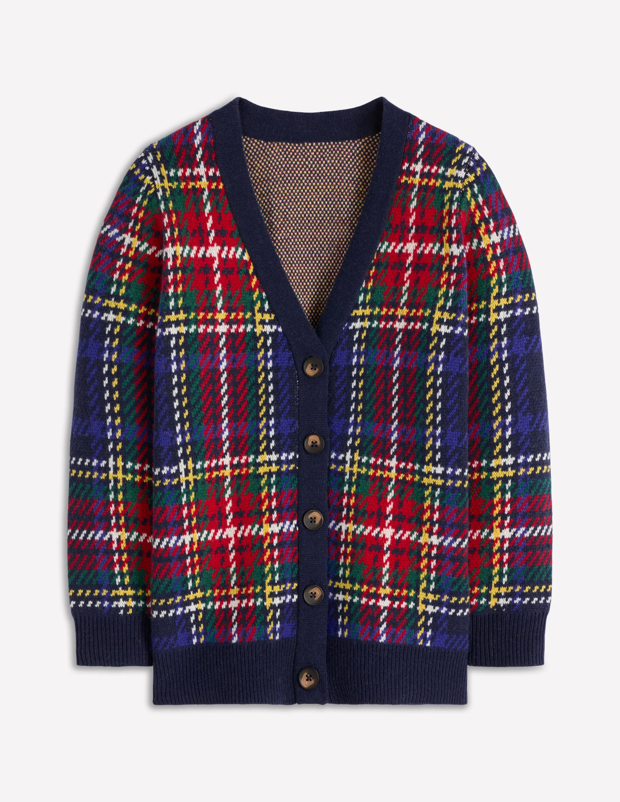 Quinn Boyfriend Cardigan-Navy, Green and Red Check | Boden (US)