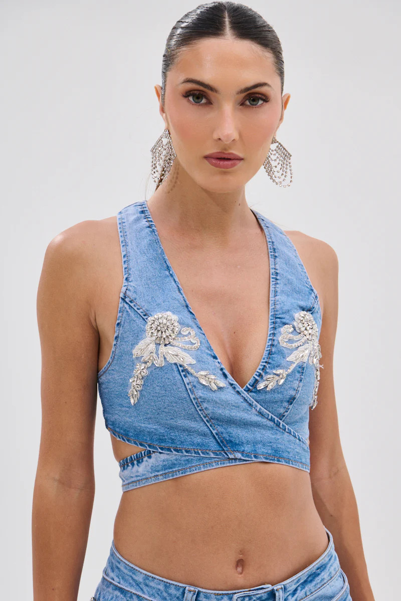 DIVALICIOUS DENIM BRA TOP IN LIGHT BLUE | AKIRA