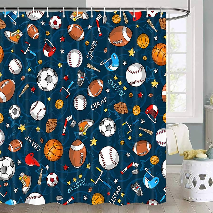 JAWO Sports Shower Curtain for Kids Children Teens, Basketball Football Baseball Hockey Star Blue... | Amazon (US)
