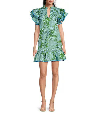 Tressa Floral Print Alina Split V-Neck Ruffle Cap Sleeve Poplin Mini Shift Dress | Dillard's