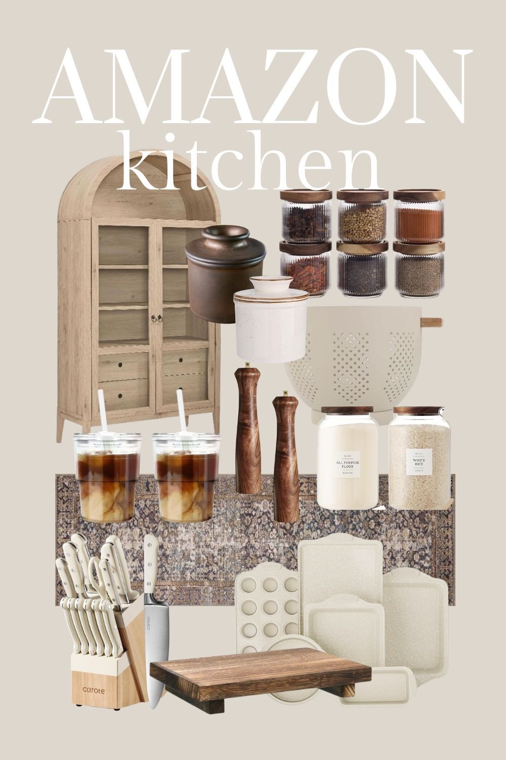 Amazon kitchen finds. Bakeware, iced coffee cups, cabinet, spice jars, glass food storage, kitchen runner rug, knife set, salt and pepper grinders, butter dish. 

#LTKFindsUnder50 #LTKHome #LTKSeasonal