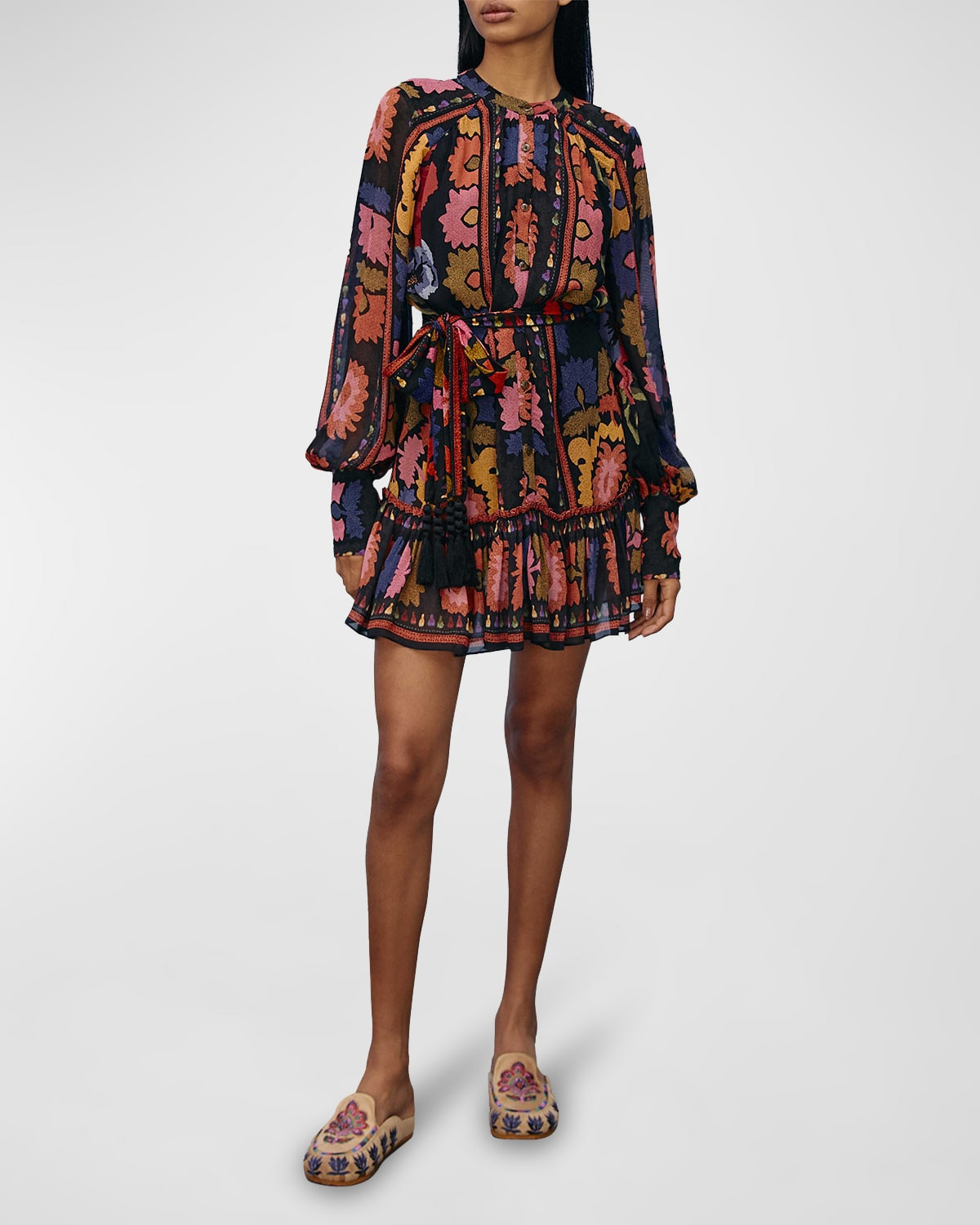 Flowers Tapestry Button-Front Mini Dress | Neiman Marcus