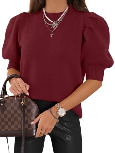 Women's Puff Short Sleeve Sweater Tops 2025 Summer Fall Trendy Knit Crew Neck Casual T Shirts Blo... | Amazon (US)