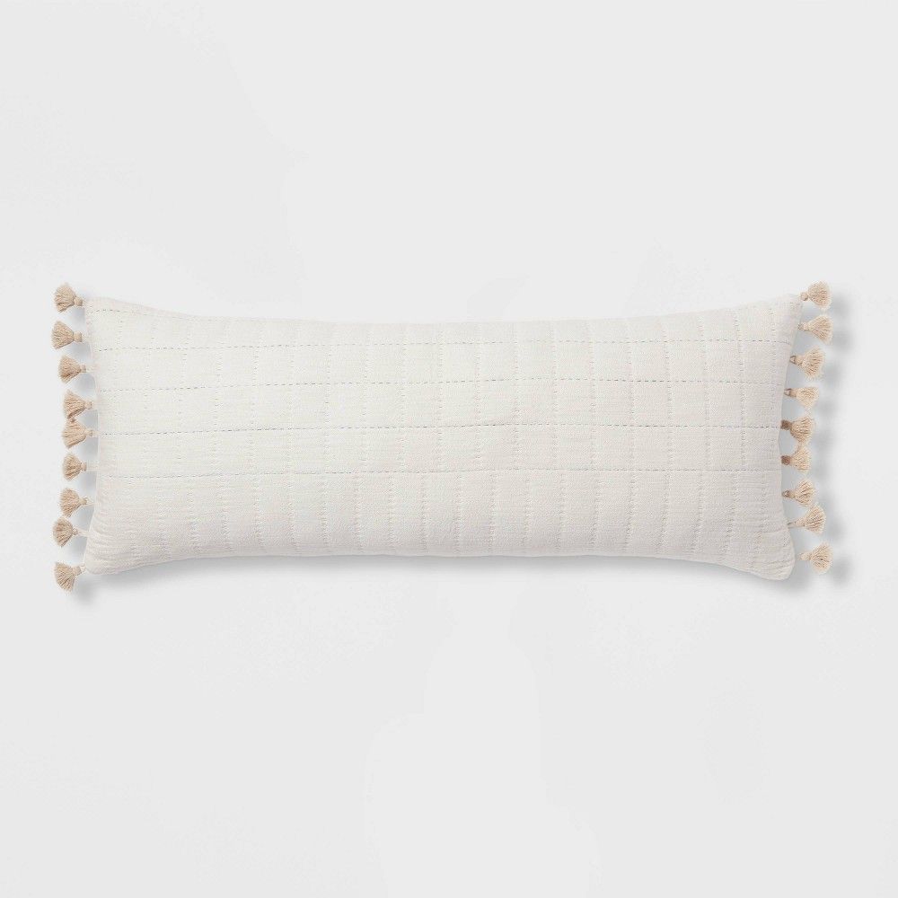 Oversized Oblong Pick Stitch Plaid Tassel Decorative Throw Pillow Natural - Threshold | Target