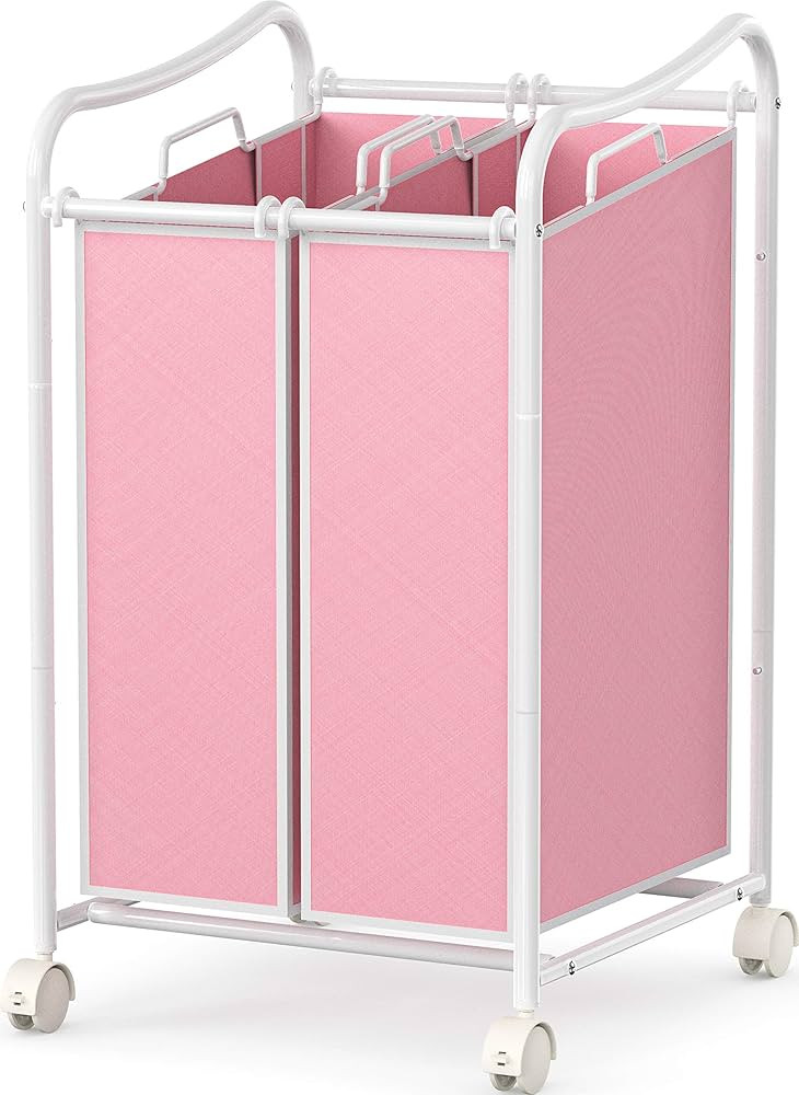 Simple Houseware 2-Bag Heavy Duty Rolling Laundry Sorter Cart, White/Pink | Amazon (US)