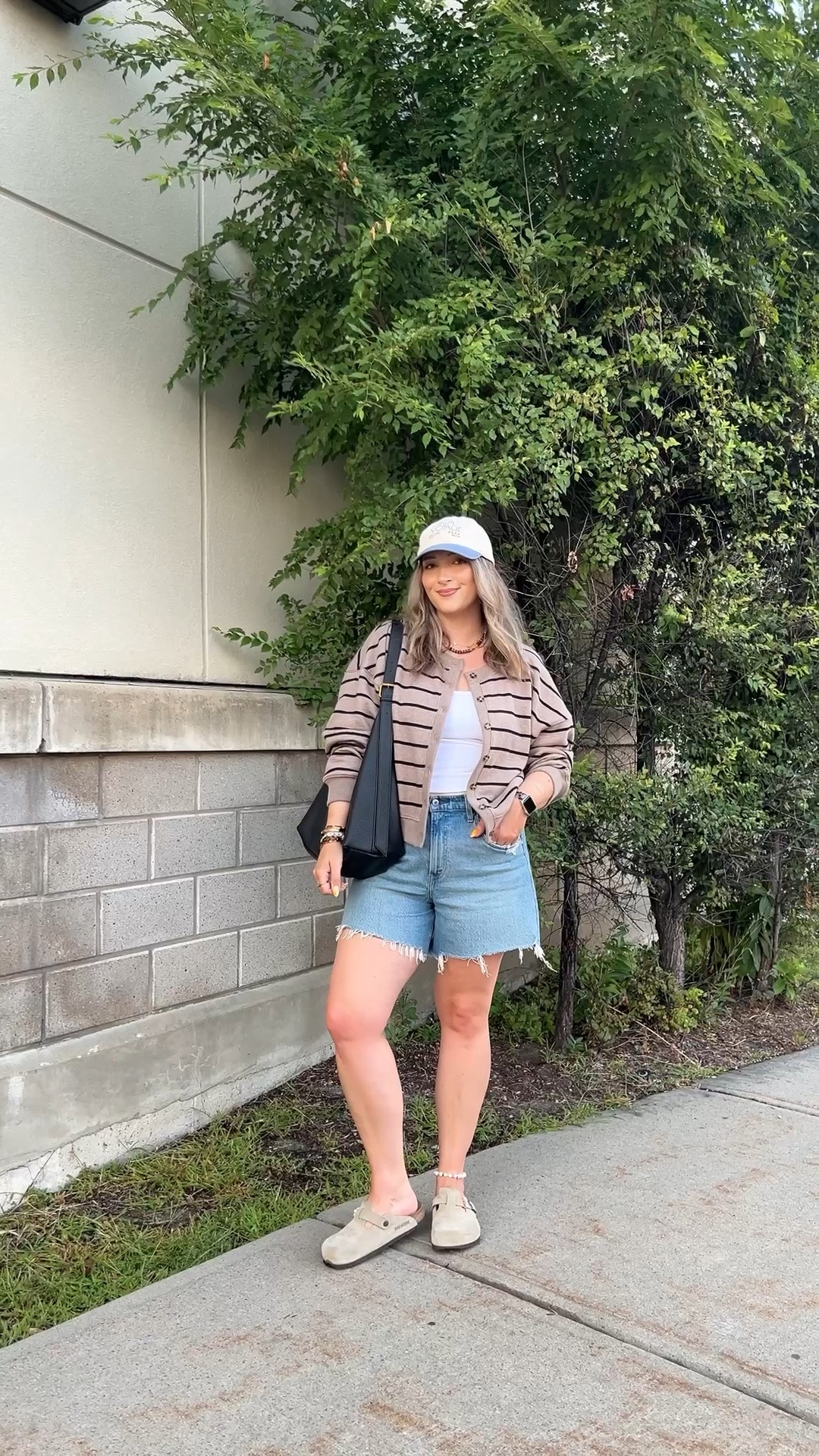 Abercrombie summer to fall transitional outfit! Wearing size L in the striped cardigan sweatshirt and size M in the bra free tank. Sized up to 32 in the denim shorts for a baggy fit. I’m a 9.5-10 shoe and wear a 40 in the Birkenstocks

#LTKfall #LTKsale #LTKmidsize