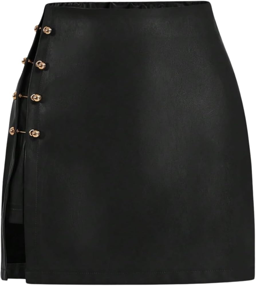 WDIRARA Women's Side Slit Metallic Trim High Waisted Faux Leather Short Skirts | Amazon (US)