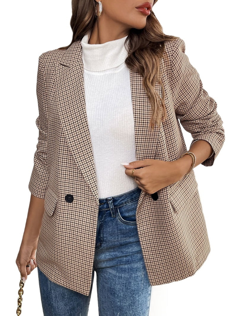 Women'S Lapel Collar Plaid 2 Button Boyfriend Blazer Suit Houndstooth Work Office Blazer Jacket K... | Walmart (US)