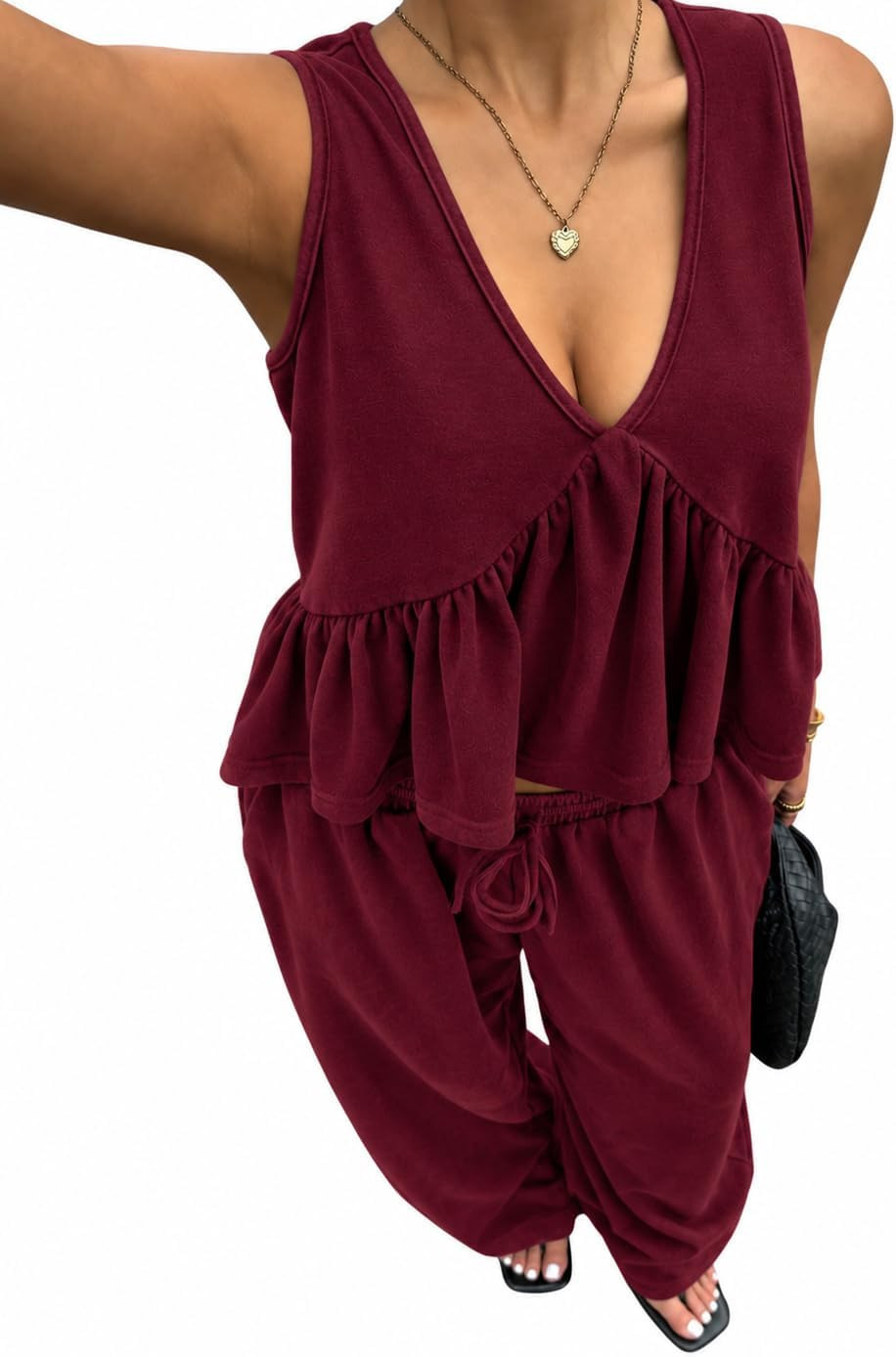 Women's 2 Piece Outfit Vintage V-Neck Camisole And Pants Set Summer Matching Loungewear | Amazon (US)