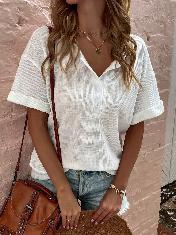 Half Button Drop Shoulder Tee | SHEIN