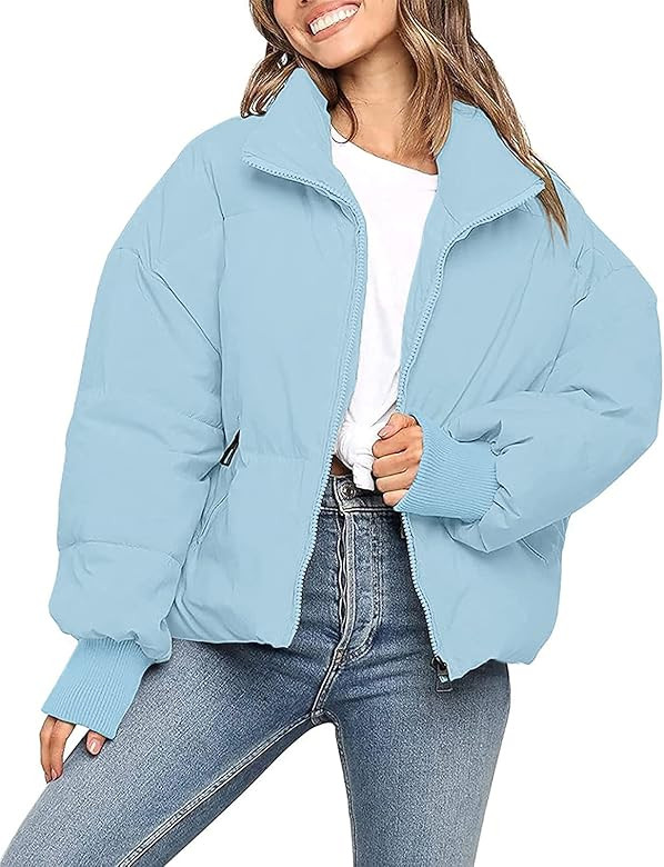 MEROKEETY Women's Winter Long Sleeve Zip Puffer Jacket Pockets Baggy Short Down Coats | Amazon (US)