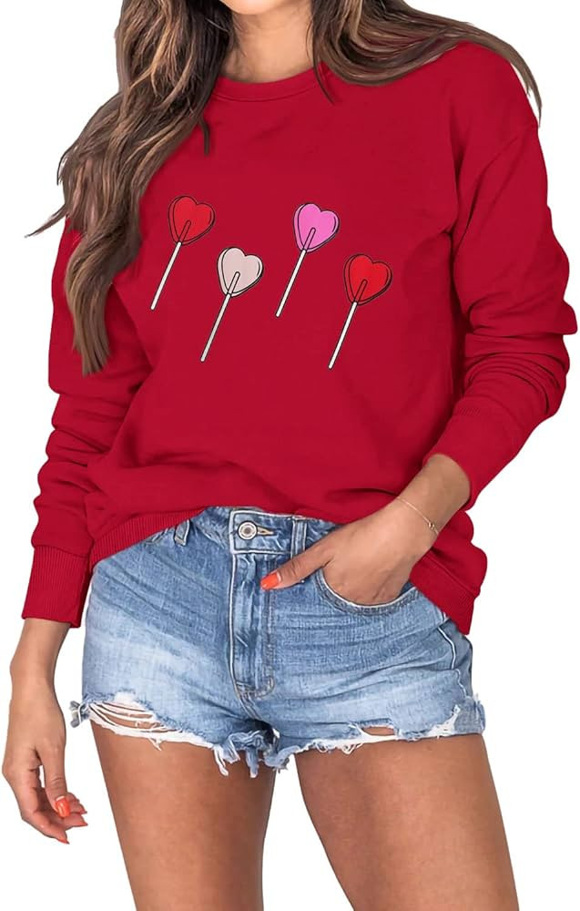 Ritatte Women Valentine's Day Sweatshirt Love Heart Lollipop Graphic Crewneck Long Sleeve Casual ... | Amazon (US)