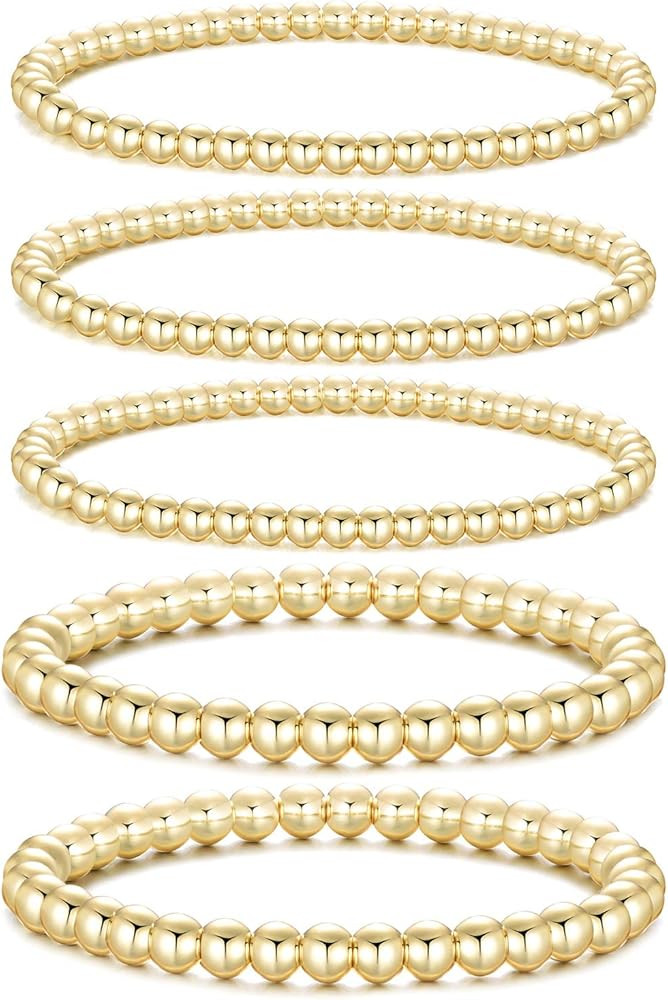 Dndty 14K Gold Plated Bead Ball Bracelets Stretchable Elastic Gold Beaded Bracelets for Women | Amazon (US)