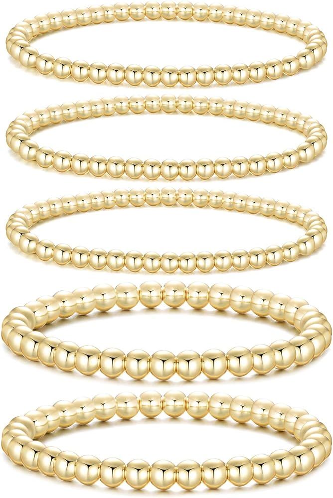 Dndty 14K Gold Plated Bead Ball Bracelets Stretchable Elastic Gold Beaded Bracelets for Women | Amazon (US)