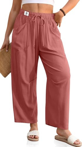 TARSE Women's Casual Linen Harem Pants Wide Leg Drawstring Summer Beach Travel Vacation Pants with Pockets (RustRed, XXL) | Amazon (US)