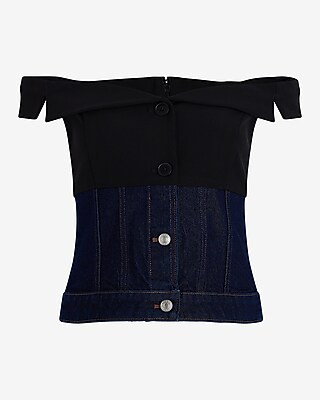 Denim Twill Off The Shoulder Faux Button Front Corset Top | Express