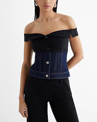Denim Twill Off The Shoulder Faux Button Front Corset Top | Express