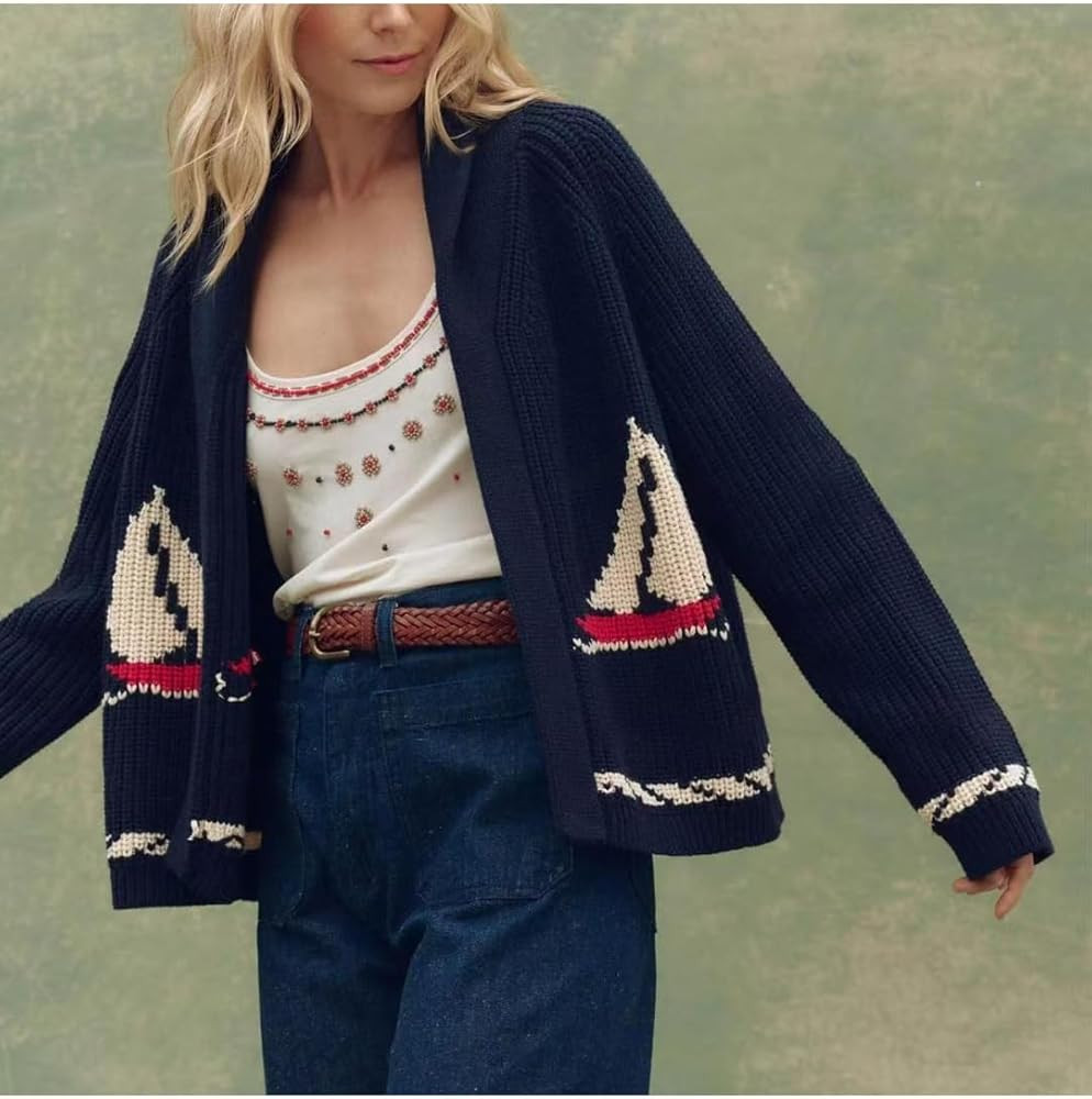 Sailboat Jacquard Knit Cardigan for Women - Fashion Turn Down Collar Spring Sweater, Street Chic ... | Amazon (US)