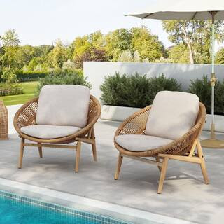 Zoe Boho Light Brown Wicker Patio Outdoor Lounge Chair with Beige Cushions and Wood-Look Iron Legs, Set of 2 | The Home Depot