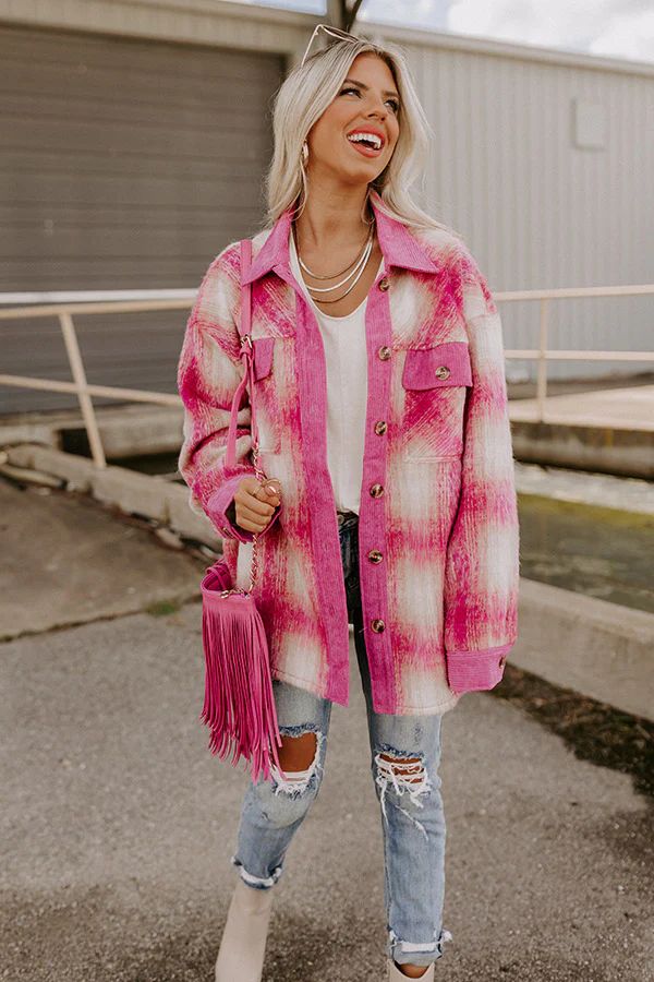 Coffee And Smiles Plaid Jacket In Pink | Impressions Online Boutique