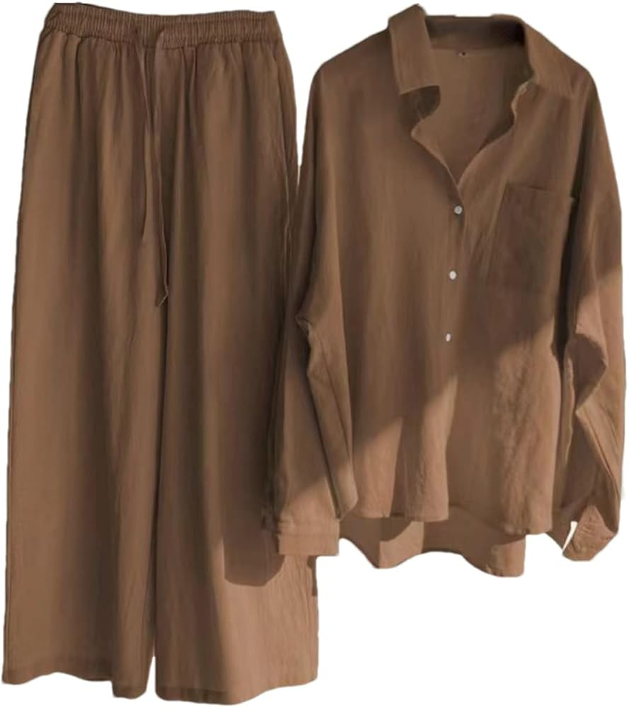 Women's Cotton Linen Shirt Set High Waist Loose Trousers Two-Piece Set | Amazon (CA)