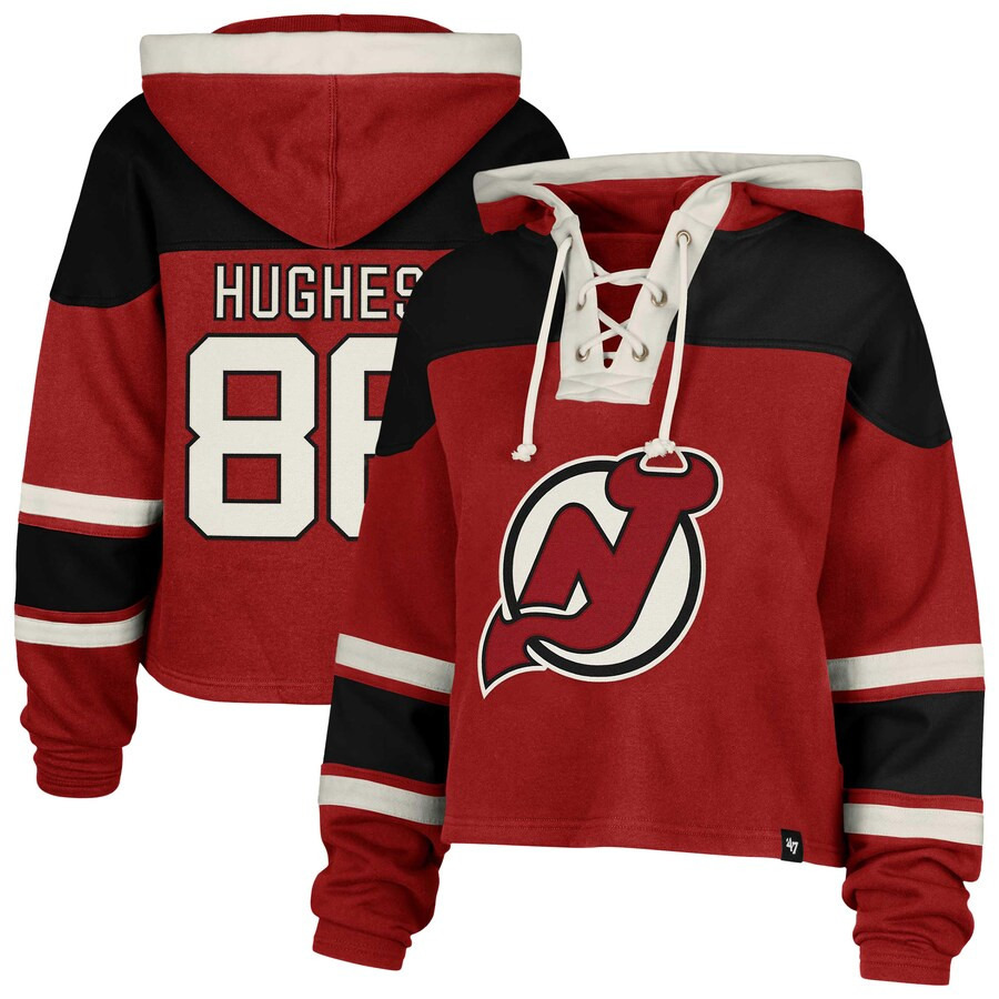 Women's New Jersey Devils Jack Hughes '47 Red Superior Lacer Cropped Pullover Hoodie | NHL Shop